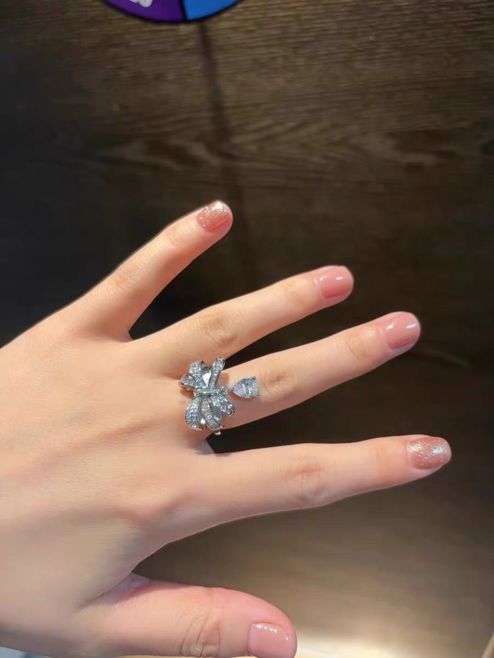 Silver Bow & Teardrop Crystal Ring - Elegant Women's Jewelry